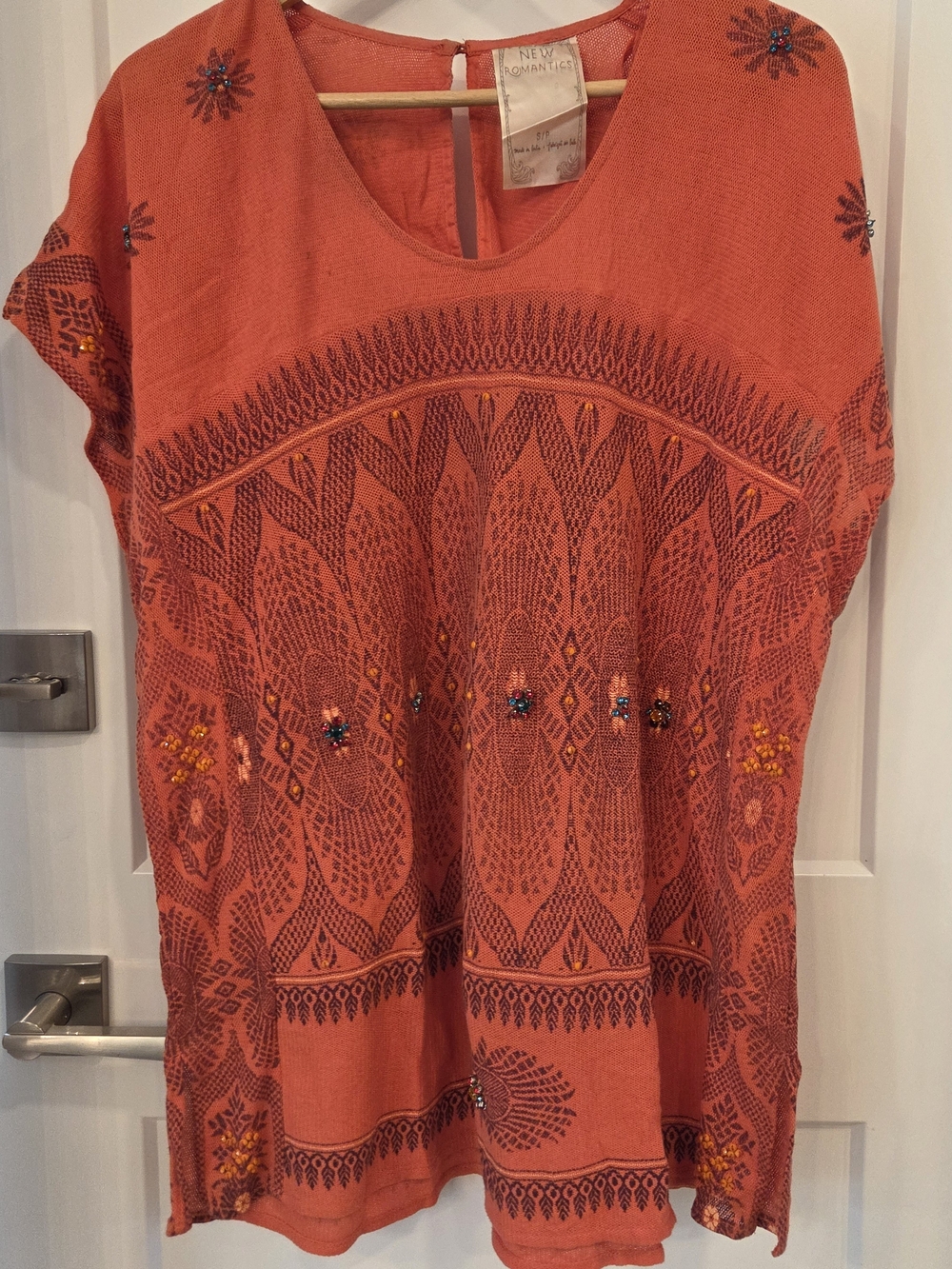 Free People New Romantics Beaded Artisan Gauzy Knit Tunic Top Coral S Crunchy